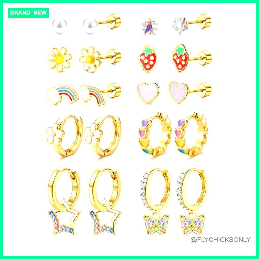 Hypoallergenic Flat Back Earrings Set 10 Pairs Surgical Steel Screw Back